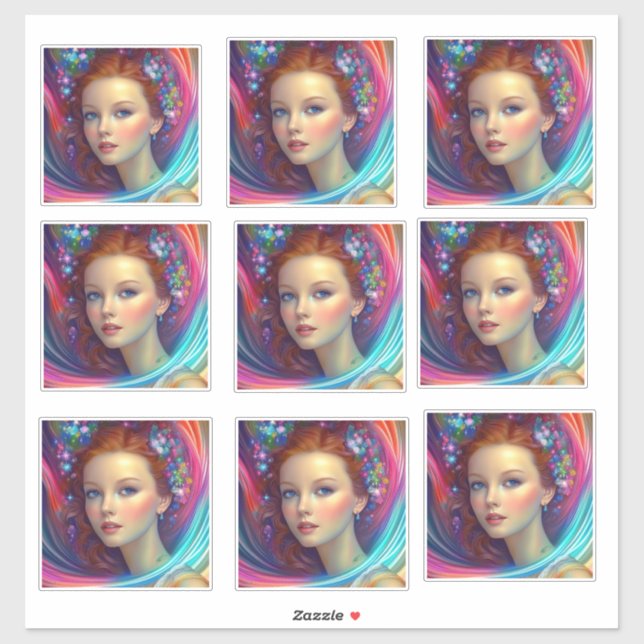 Pegatina de retrato de pelo arcoiris encantado (Hoja)