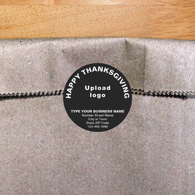 Pegatina de Ronda Negra de Acción de Gracias de Ne (Thanksgiving greeting with your business brand on black round shape sticker.)