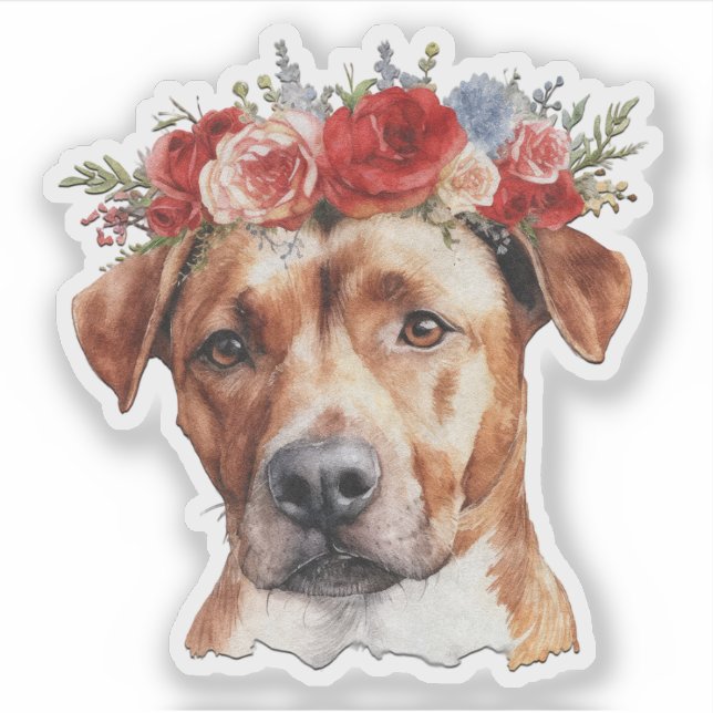 Pegatina de San Valentín de Perro con Flores en la (Anverso)