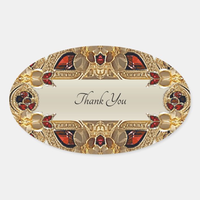 Pegatina De Sello De Gemstone Rojo De Flores Dorad (Anverso)