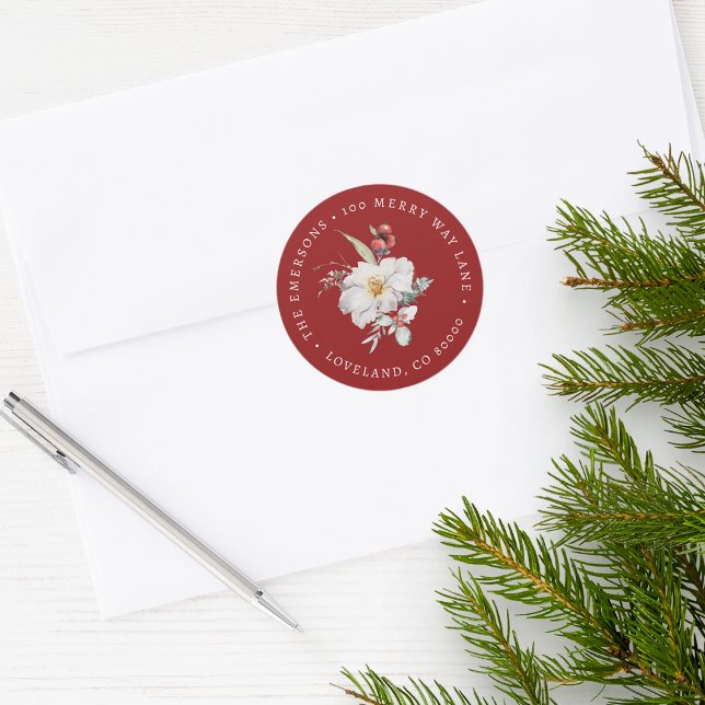 Pegatina de Sello de Sobre Botánico de Navidad (Red Holiday Return Address Envelope Seal Merry Christmas Watercolor Floral Botanical Berries)