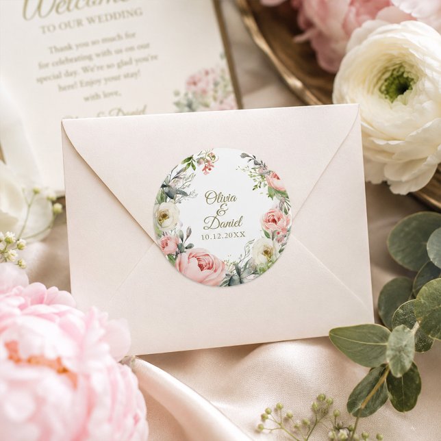 Pegatina de Sello de Sobre de Bodas de Peonía Rosa (Blush & Ivory Peony Wedding Envelope Seal Sticker)
