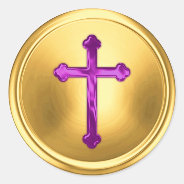 Pegatina de sello de sobre dorado con cruz morada (Anverso)