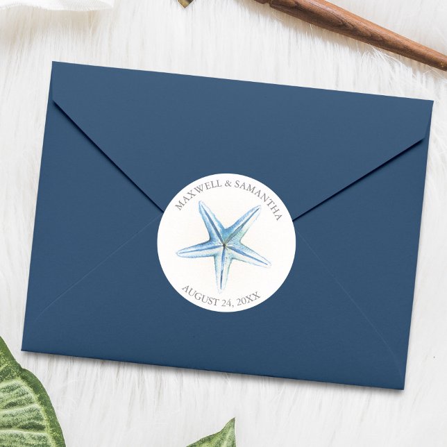 Pegatina de sello para sobres, Boda Blue Starfish  (Watercolor blue starfish sticker )