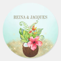 Pegatina de sellos de Boda de cocoteros tropicales
