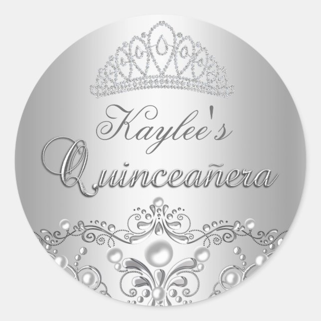 Pegatina de Silver Damask Pearl Quinceanera (Anverso)