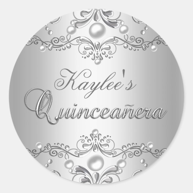 Pegatina de Silver Damask Pearl Quinceanera (Anverso)