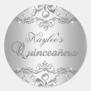 Pegatina de Silver Damask Pearl Quinceanera