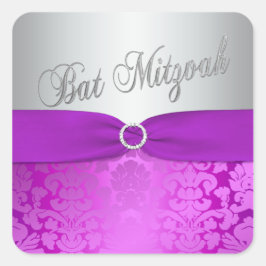 Pegatina de Silver y Purple Damask Bat Mitzvah