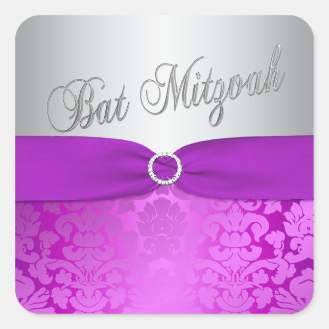 Pegatina de Silver y Purple Damask Bat Mitzvah (Anverso)