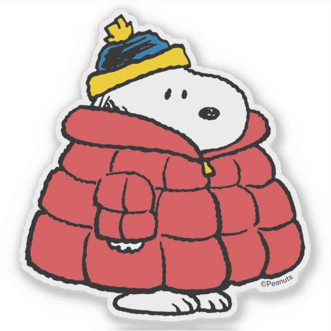 Pegatina de Snoopy en invierno con abrigo inflado (Anverso)