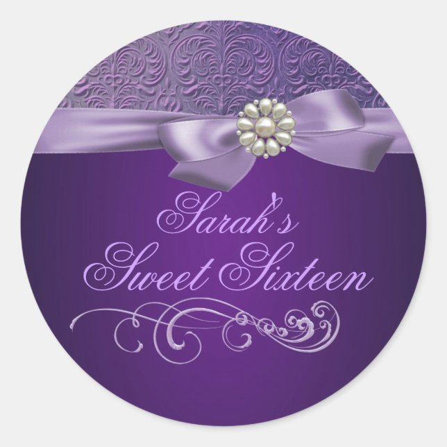 Pegatina de sobres morado Damask & Bow Sweet 16 (Anverso)