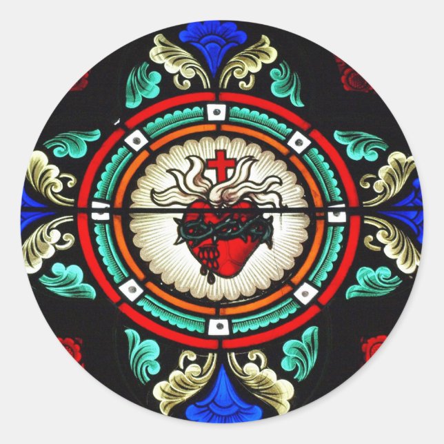 Pegatina de vidrio manchado de corazón sagrado (Anverso)