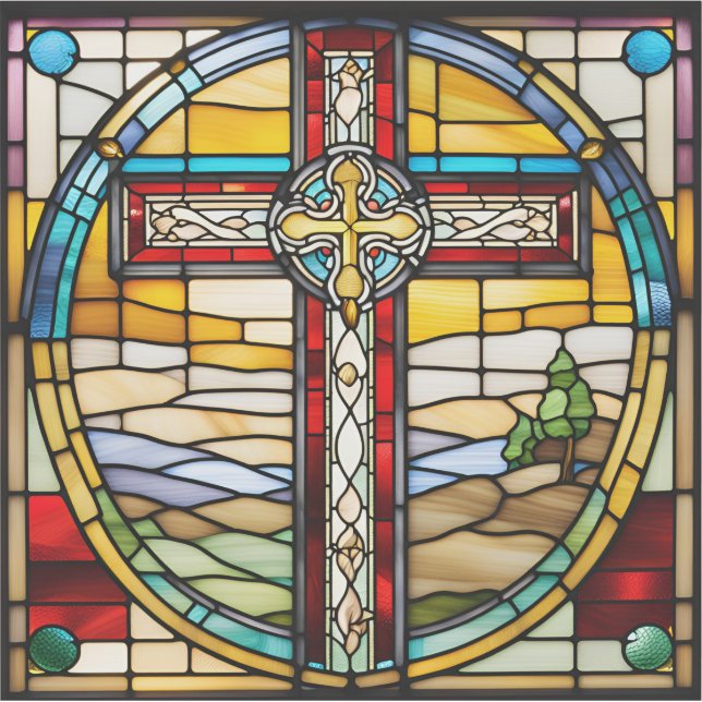 Pegatina de vidrio manchado de Cruz cristiana (Anverso)