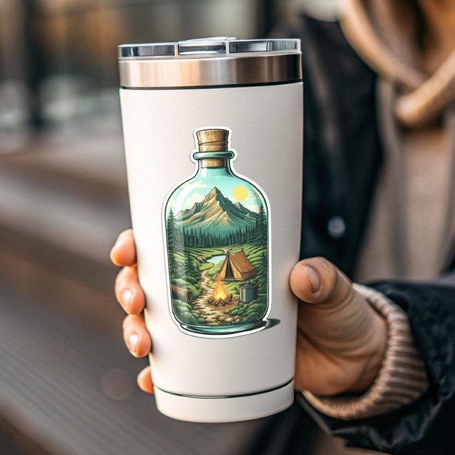 Pegatina de vinilo Camping en el bosque en una bot (Forest Camping In a Bottle Vinyl Sticker | Sticker by PiggyPrint Stickers)