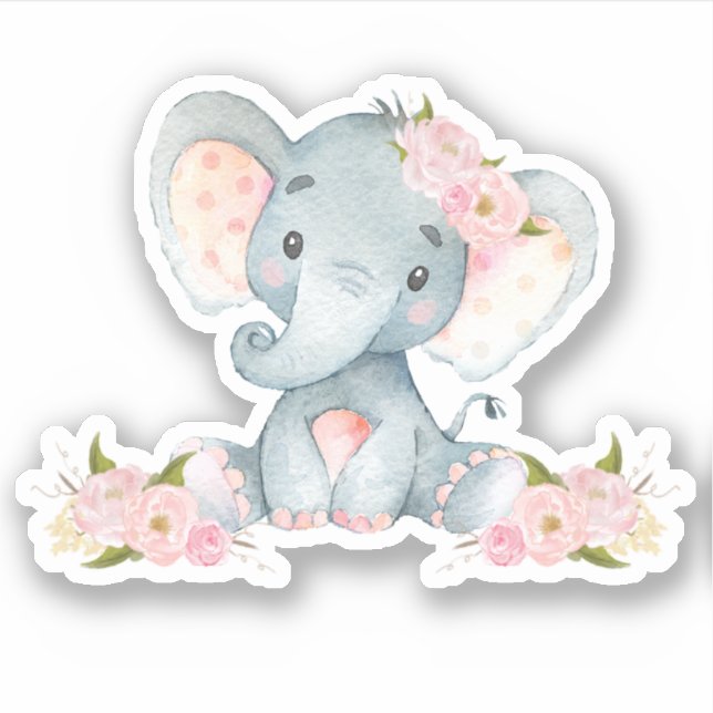 Pegatina de vinilo con elefante bebé lindo con flo (Anverso)