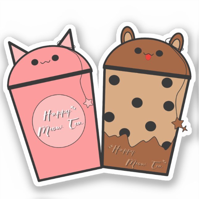 Pegatina de vinilo de té Meow Kawaii (Anverso)
