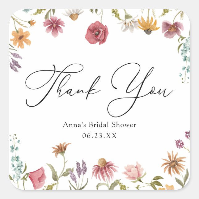 Pegatina de Wildflower Bloom Bridal Shower Square (Anverso)