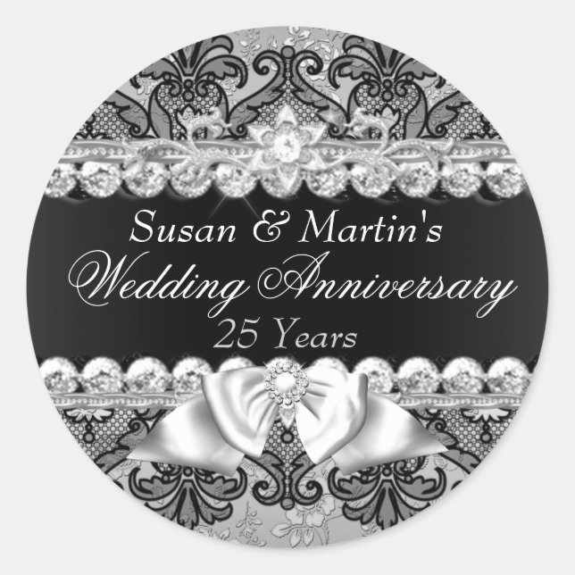 Pegatina del 25º Aniversario Boda de Floral & Lace (Anverso)