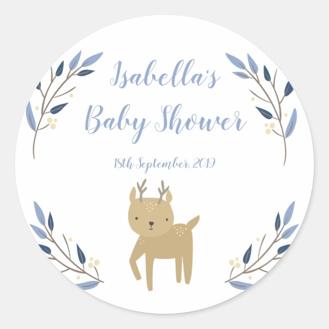 Pegatina del Baby Shower Favor del venado Woodland (Anverso)