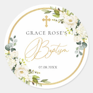 Pegatina del bautismo cruzado de las rosas blancas