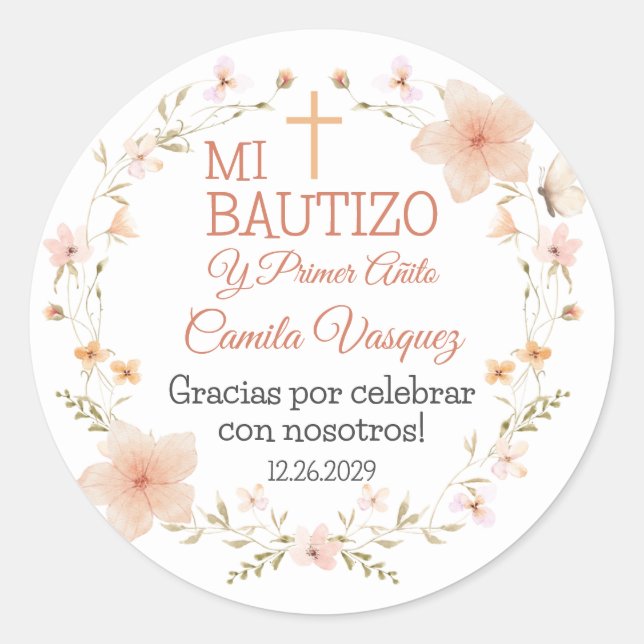 Pegatina del bautismo en español con flores de col (Anverso)