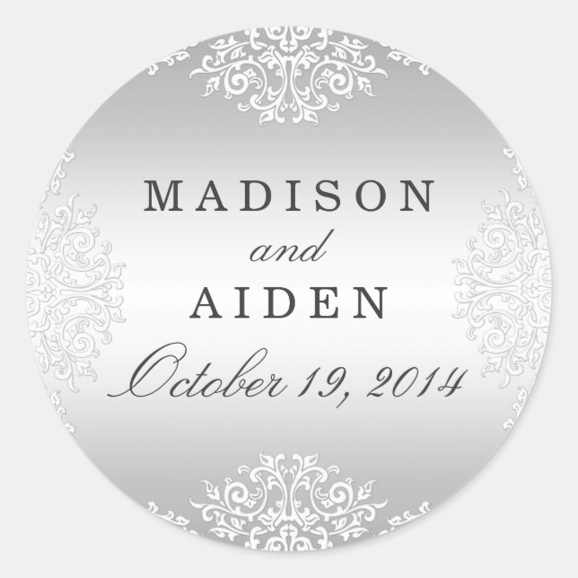 Pegatina del Boda de glamour blanco plateado (Anverso)