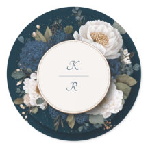 Pegatina del Boda de Peony Blue Floral Midnight