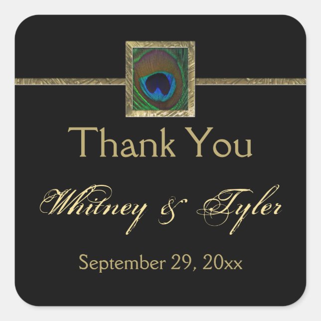 Pegatina del Boda de plumas de pavo real negro y o (Anverso)