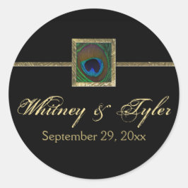 Pegatina del Boda de plumas de pavo real negro y o