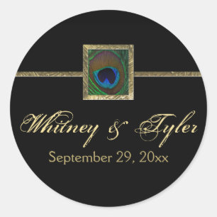 Pegatina del Boda de plumas de pavo real negro y o