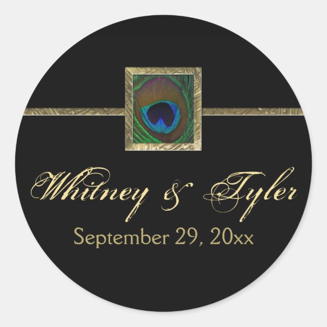 Pegatina del Boda de plumas de pavo real negro y o (Anverso)