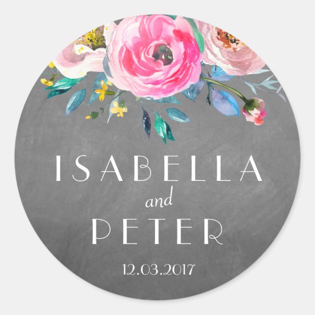 Pegatina del Boda floral rústico del Chalkboard mo (Anverso)