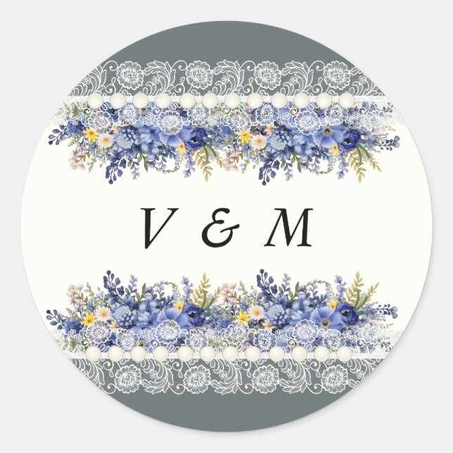 Pegatina Del Boda Floral Vintage Y Pearl (Anverso)