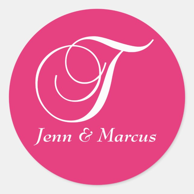 Pegatina del Boda Fuchsia White Monogram T (Anverso)