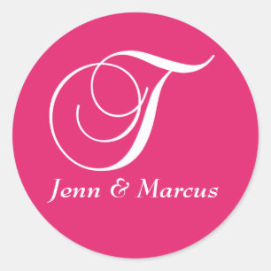 Pegatina del Boda Fuchsia White Monogram T