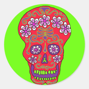 Pegatina del cráneo de flores en rojo