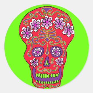 Pegatina del cráneo de flores en rojo