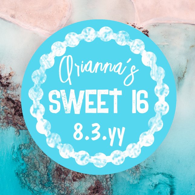 Pegatina del dulce 16 del partido turquesa (Turquoise white round border sweet 16 stickers, sweet sixteen party favor stickers )
