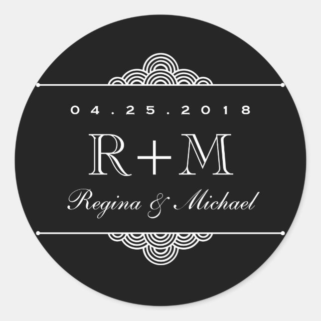 Pegatina del Favor de la Boda Círculo Blanco Negro (Anverso)