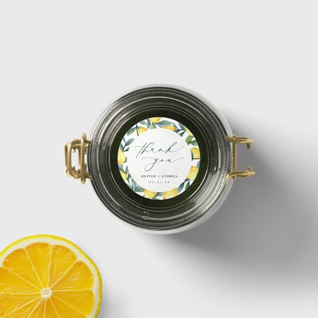 Pegatina del Favor de la Boda de Limón Botánico (Lemon Botanical Wedding Favor thank you sticker. Round design with watercolor lemon border.
)