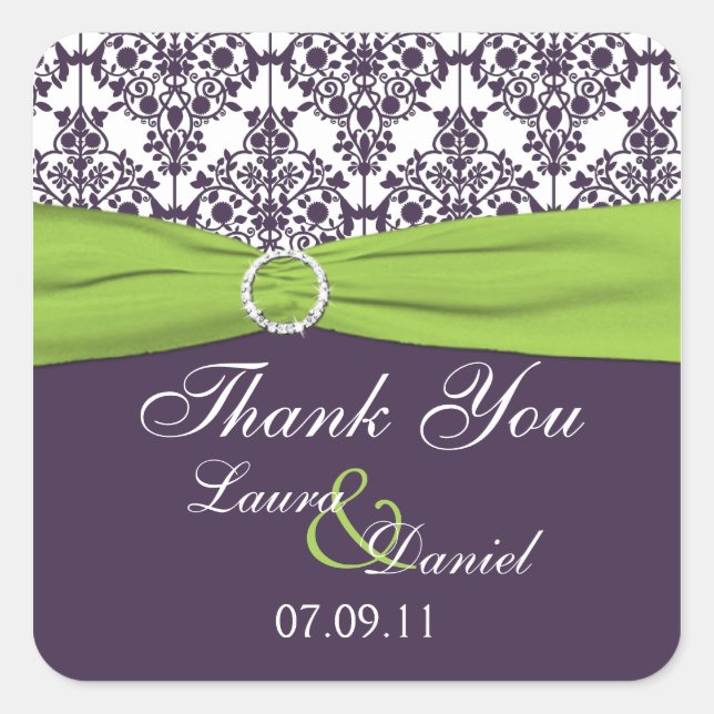 Pegatina del favor de la boda Lime y Purple Damask (Anverso)
