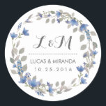 Pegatina del Favor de la Boda Vintage Blue Flower<br><div class="desc">Boda de la corona floral vintage y rústica gracias pegatina. Decorado con acuarela de flores, hojas y bayas. Pegatina de monograma para sellos para sobres de invitados a la boda. Personalizar la redacción para cualquier ocasión especial. Favor nupcial de primavera, etiqueta de regalo de la ducha de novia, fiesta de...</div>