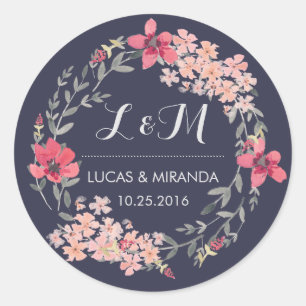 Pegatina del favorito de la boda floral azul y ros