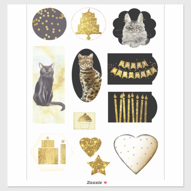 Pegatina Del gato Fancy Gold Purpurina Look Birthday (Hoja)