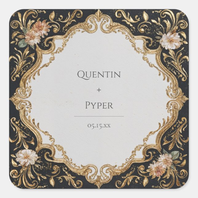 Pegatina del marco floral negro y dorado (Anverso)
