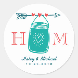 Pegatina del Monograma de Rustic Heart Mason Jar