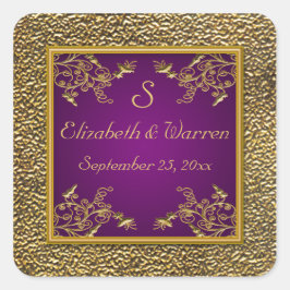 Pegatina del Monograma Floral Morado y Oro