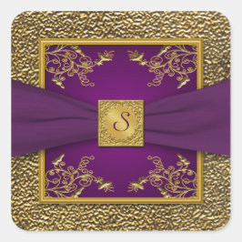 Pegatina del Monograma Floral Morado y Oro