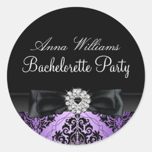Pegatina del partido Bachelorette de Damask morado